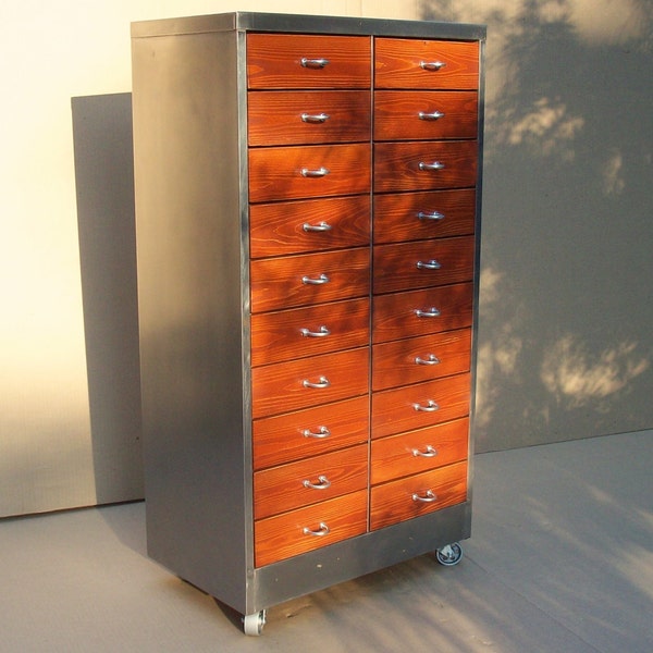 Vintage Industrial Metal & Wood Cabinet with 20 Drawers / Storage Organization / Repurposed Handmade / Custom / Red Orange Silver