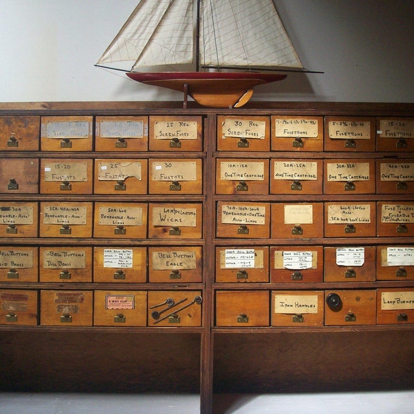 Vintage Hardware Store Bins and Plywood Shelving Cabinet / Pine