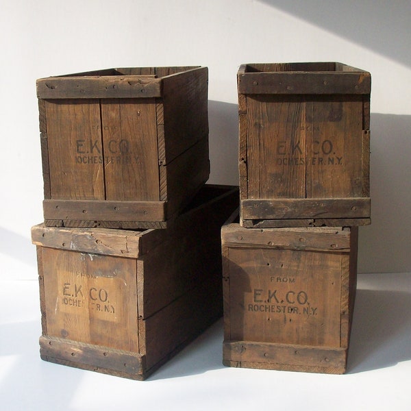 4 Vintage Printed Wood Boxes / EK CO Rochester NY  / Eastman Kodak Shipping Crate