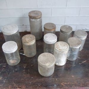 Vintage Glass Jars with Metal Screw Cap Lids / Set of 11 / AS FOUND Not Cleaned / Instant Collection / Photography Prop / Old Glass Jars image 2