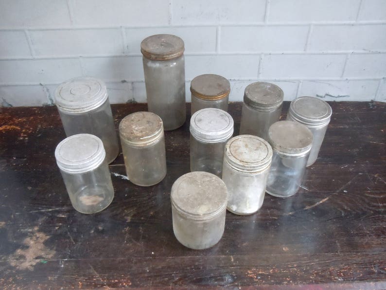 Vintage Glass Jars with Metal Screw Cap Lids / Set of 11 / AS FOUND Not Cleaned / Instant Collection / Photography Prop / Old Glass Jars image 2