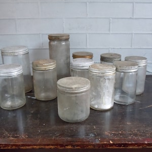 Vintage Glass Jars with Metal Screw Cap Lids / Set of 11 / AS FOUND Not Cleaned / Instant Collection / Photography Prop / Old Glass Jars image 1