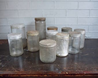 Vintage Glass Jars with Metal Screw Cap Lids / Set of 11 / AS FOUND Not Cleaned / Instant Collection / Photography Prop / Old Glass Jars