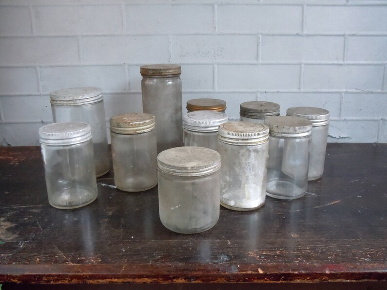 Vintage Glass Jars with Metal Screw Cap Lids / Set of 11 / AS FOUND Not Cleaned / Instant Collection / Photography Prop / Old Glass Jars image 1
