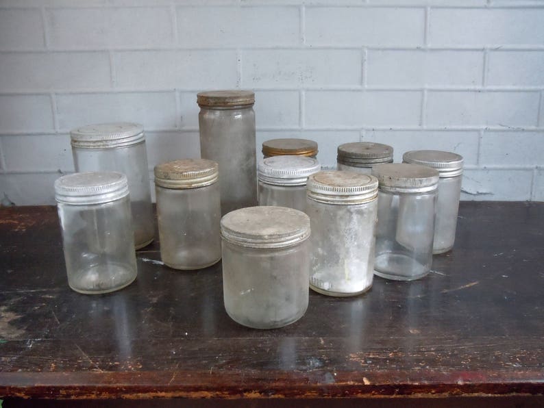 Vintage Glass Jars With Metal Cap Lids Set Of 11 As Image 0