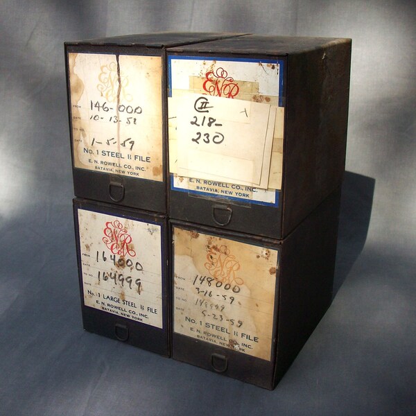 RESERVED for JYA 1124  Vintage Pharmacy Rx File Boxes / E.N. Rowell Co. Inc. Batavia New York /Set of 4