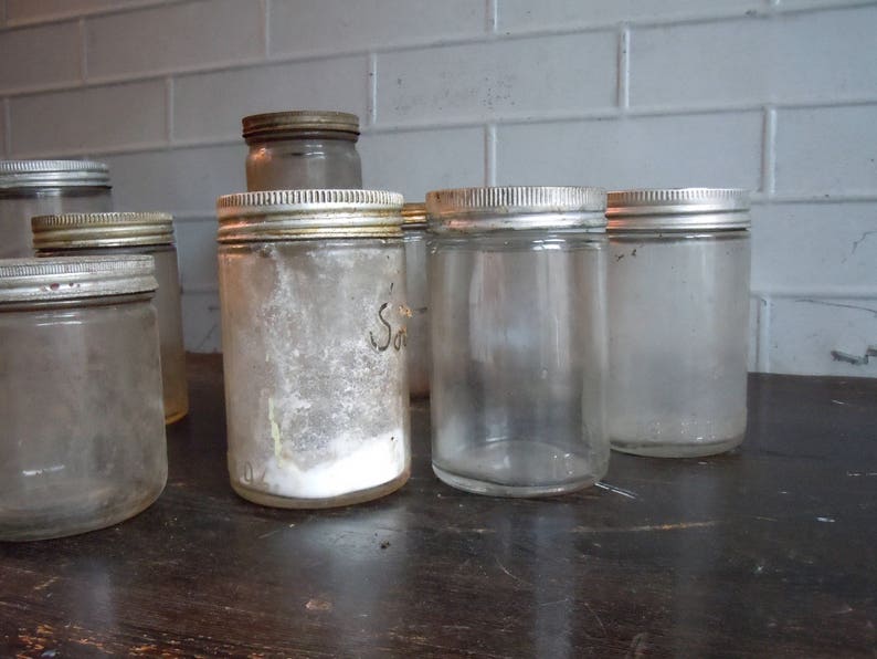 Vintage Glass Jars with Metal Screw Cap Lids / Set of 11 / AS FOUND Not Cleaned / Instant Collection / Photography Prop / Old Glass Jars image 3