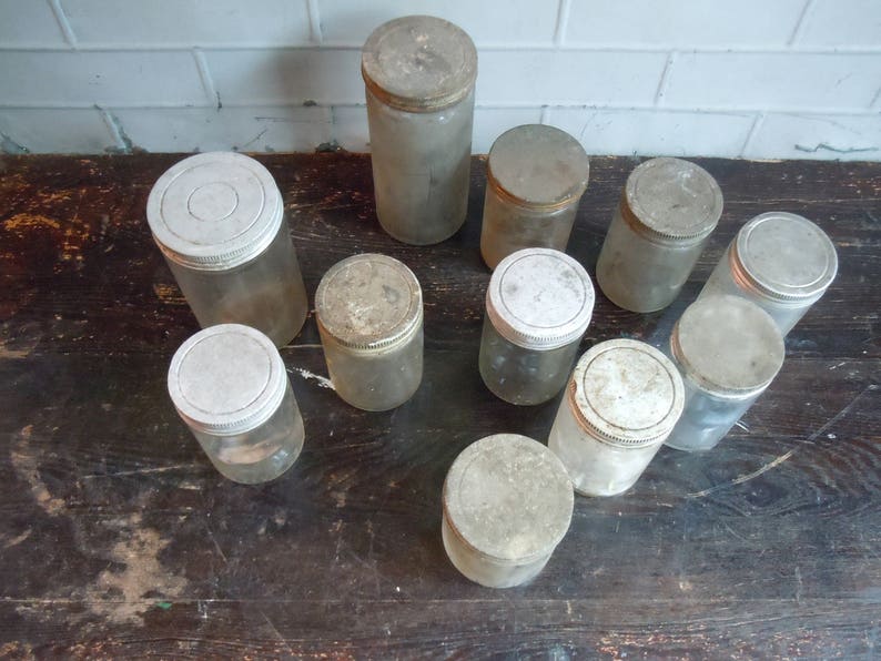 Vintage Glass Jars with Metal Screw Cap Lids / Set of 11 / AS FOUND Not Cleaned / Instant Collection / Photography Prop / Old Glass Jars image 7
