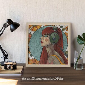May include: A digital illustration of a woman with red hair wearing headphones. The background is a blue circle with yellow flowers.