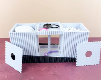 Organizador modular para baño con bandeja antigoteo / Almacenamiento minimalista para bastoncillos de algodón, discos desmaquillantes y accesorios.