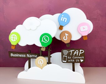 Letrero NFC para redes sociales / Exhibidor comercial con globo aerostático en tonos pastel / Etiqueta de conexión sin contacto para pequeñas tiendas