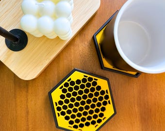 Posavasos levitante hexagonal con bandeja antigoteo / Posavasos moderno impreso en 3D / Detalles en amarillo y negro
