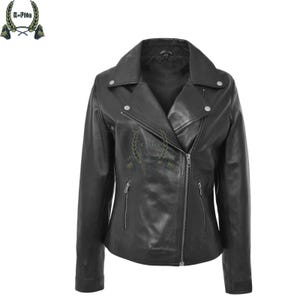 Women&#39;s Black Genuine Leather Biker Jacket – Moto Style Asymmetrical Zip Motorcycle Coat