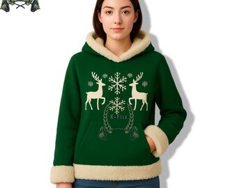 Faux Fur Lined Christmas Hoodie, Green Reindeer Snowflake Sweater