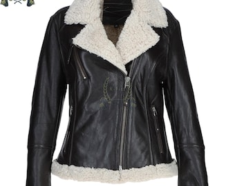 Shearling Lined Black Leather Biker Jacket: Women's Winter Coat, Gift for her