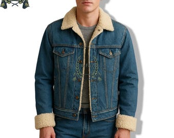 Men's Sherpa-Lined Denim Jacket, Vintage Fleece Collar, Winter Coat
