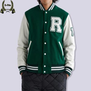 Custom Varsity Jacket – Green and White Letterman Jacket with R Patch – Unisex College Bomber Jacket – Retro Wool & Leather Baseball Jacket