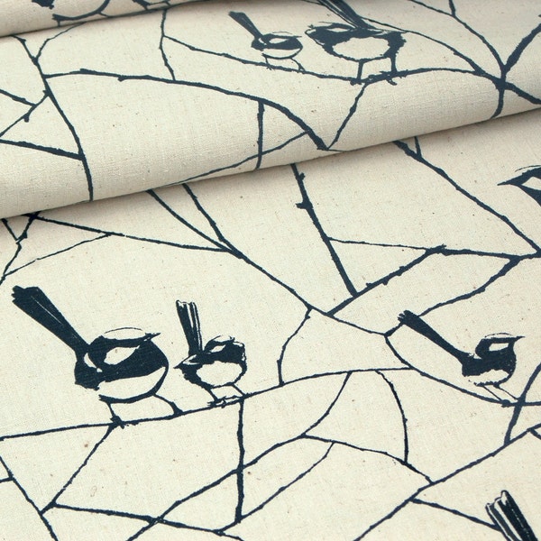 Hand-printed Wrens in Charcoal fabric by Australian designer Tegan Rose - 19.5in x 27.5in