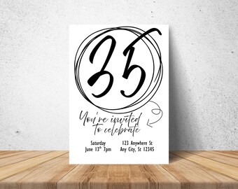 Szablon zaproszenia na przyjęcie w stylu Modern Script: minimalistyczny czarno-biały wzór (do pobrania cyfrowego)
