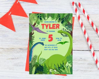 May include: A green dinosaur birthday invitation with a green and blue dinosaur, a red number 5, and the text "You're invited to Tyler is turning 5". The invitation also includes the date "15 June, 2025", the time "2PM to 6PM", an address, and an RSVP number.