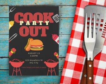 Editable Cookout Party Invitation: Black and Red BBQ Grill (Digital Download)