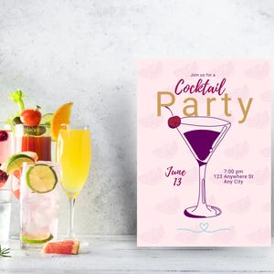 Roze en paarse sjabloon uitnodiging cocktailparty | Bewerkbare canvasuitnodiging | Girls Night, verjaardag, happy hour | Direct downloaden