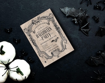 May include: A Halloween party invitation with ornate borders and the text "COME HAVE A SCARE" and "HALLOWEEN PARTY". The invitation is on a beige background with black decorative bats, spiders, and white pumpkins with green stems.