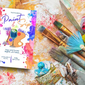 Paint and Sip Party Invitation Template | Editable Canva Invite | Girls Night, Birthday, Wine & Art Event | Instant Download