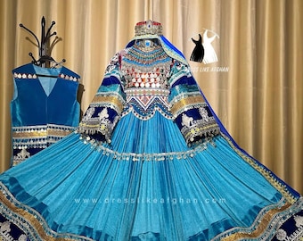Gorgeous Handcrafted Blue Afghani Couple Dress | Traditional Embroidered Cultural Attire for Special Occasions
