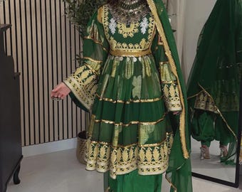 Luminous Afghan Dress | Handmade Traditional Pashtun Party Outfit | Embroidered Women’s Cultural Dress with Dupatta