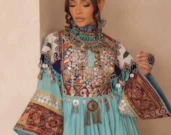 Elegant Afghan Dress Set – Handmade Embroidered Turquoise Kuchi Dress with Vintage Coins, Jewelry & Tribal Neckpiece