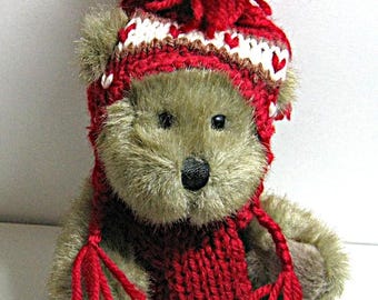 Vintage - HugFun International Bear Plush w/Burgandy Hat & Scarf - 9" - 1998