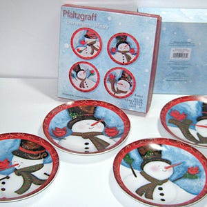 Pfaltzgraff Snowman Winter Appetizer Plates (Set of 4) by Lorilynn Simms. In Original Box - 2013.