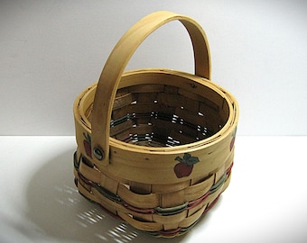 Vintage - Woven Wood Splint Basket w/Swing Handle & Painted Apple Motif Along the Rim; Size: Basket - 6"x4.25"; w/Handle - 6.5"x8"; 1980's