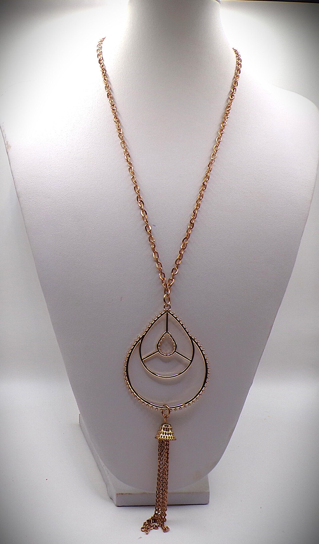 Vintage - Teardrop Pendant W/bell & Chain Tassel - Gold-tone Necklace ...