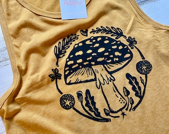 Womens Mushroom Tank Top, Fungi Crop Tank Top, Ladies Crop Top, Summer Mushroom Tank, Fairy Shirt, Dandelion Shirt, Cottage Core Shirt
