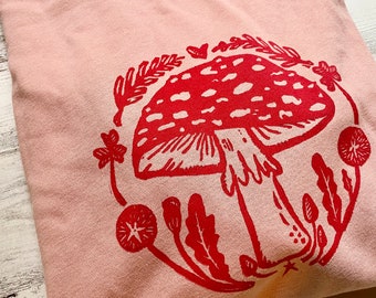 Womens Mushroom Sweatshirt, Adult Mushroom Pullover, Mushroom Sweater, Dandelion, Block Print, Linocut, Clover, Shamrock, Pacific Northwest