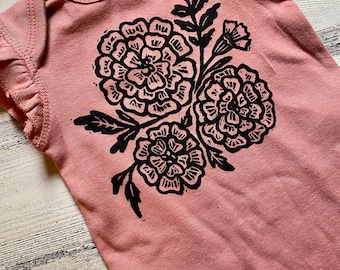 Marigold Baby Bodysuit, Fall Baby Announcement Bodysuit, Birth Flower Print, Baby Girl Bodysuit, 6 Month, Flower Baby Shower Gift, Orange