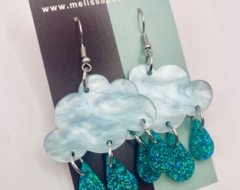 Cloud Earrings, Rain Cloud Earring, Novelty Earrings, Whimsical Earrings, Blue Clouds, Raincloud Earrings, Rain Earring, Raindrop Earrings