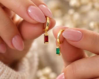 Personalized Birthstone Huggie Earrings, Baguette Gemstone Drop Hoops (Sterling Silver, Gold, Rose Gold)  Baguette Gemstone Hoop Earrings