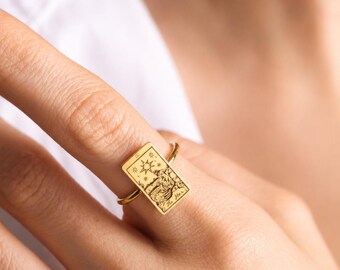 Tarot Card Ring, Gold Tarot Ring, Dainty Celestial Astrology Ring, Spiritual Jewelry, Witchy Gift for Her, Minimalist Silver Signet Ring