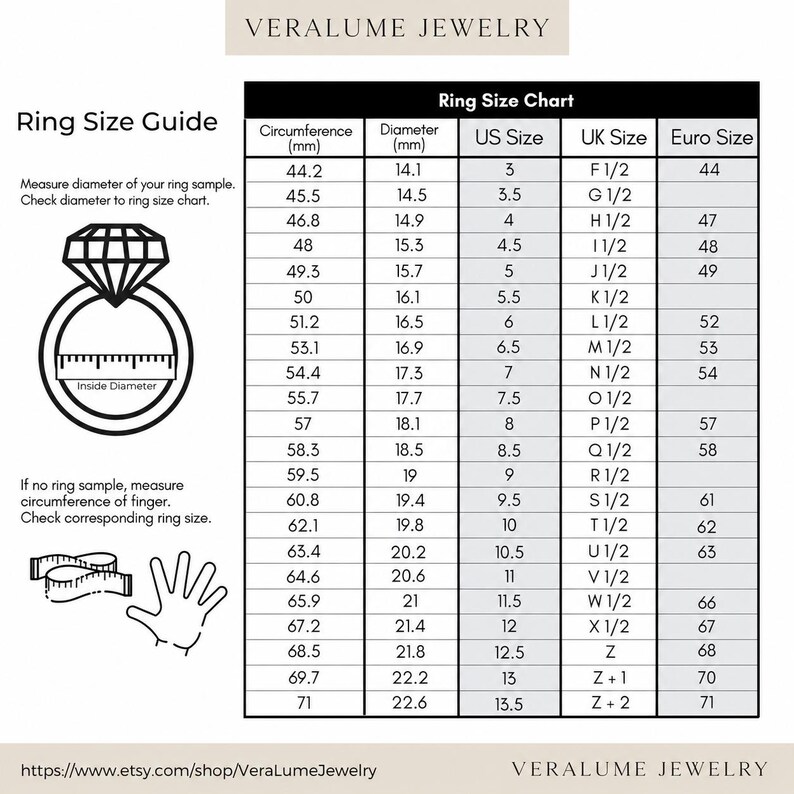 以下が含まれることがあります： Veralume Jewelryのリングサイズガイドとチャート。円周(mm)、直径(mm)、米国サイズ、英国サイズ、欧州サイズの列がある表です。リングのアイコンと測定線、手のイラストが含まれています。