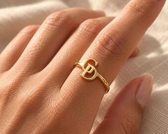 Double Letter Ring, Custom Monogram Ring, Dainty Couple Initials Band, His and Hers Promise Jewelry, Best Friend Gift, Silver Name Ring