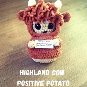Positive Kartoffel, Highland Kuh Hoodie, Häkelmuster, leicht zu lesen, emotionale Unterstützung, Amigurumi, handgemachtes Geschenk, jeden Anlass, süß, unscharf