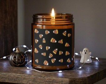 Candy Corn Soy Candle, Halloween Fall Decor, Hand-Poured Amber Jar, Cute Spooky Gift, Autumn Housewarming Present