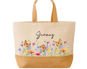Personalized Floral Butterfly Jute Bag - Grandma Gift Tote
