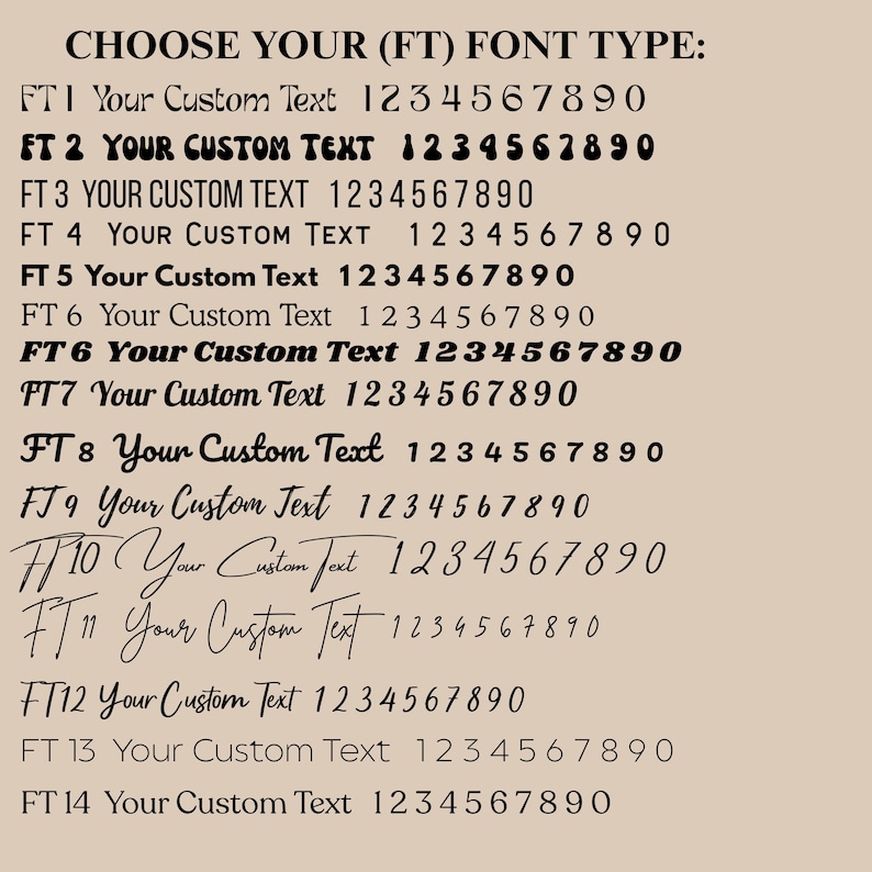 Op de afbeelding: Een beige achtergrond toont een lettertype selectiegids. De tekst "CHOOSE YOUR (FT) FONT TYPE:" staat bovenaan. Veertien lettertypestijlen worden getoond, elk met een voorbeeld van "Your Custom Text" en de cijfers 1 tot en met 0.