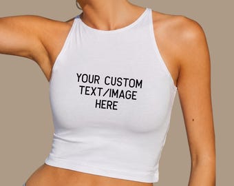 Aangepaste tekstafbeelding crop top, getailleerd zomer tankvest, bruids vrijgezellenfeest shirt, aangepast baby-T-shirt bijgesneden pasvorm Y2K esthetiek