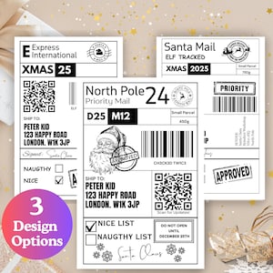 Könnte beinhalten: Drei weihnachtliche Geschenk-Etiketten-Designs mit festlichen Motiven. Die Etiketten zeigen Weihnachtsmann-Bilder, Barcodes und Texte wie "XMAS 25" und "North Pole 24". Die Etiketten sind in Schwarz und Weiß.