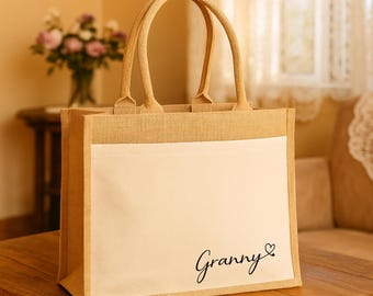 Personalized Jute Tote Bag: Heart Detail, Custom Name Gift